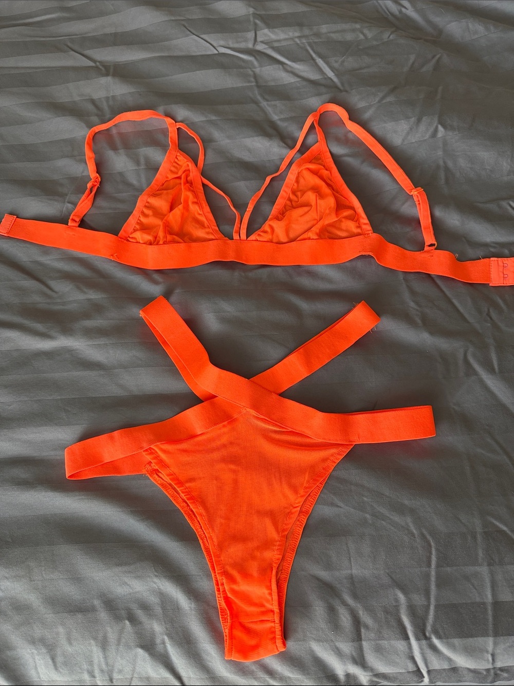 Neon Orange Mesh Strappy Triangle Bikini Set - Women Lingerie